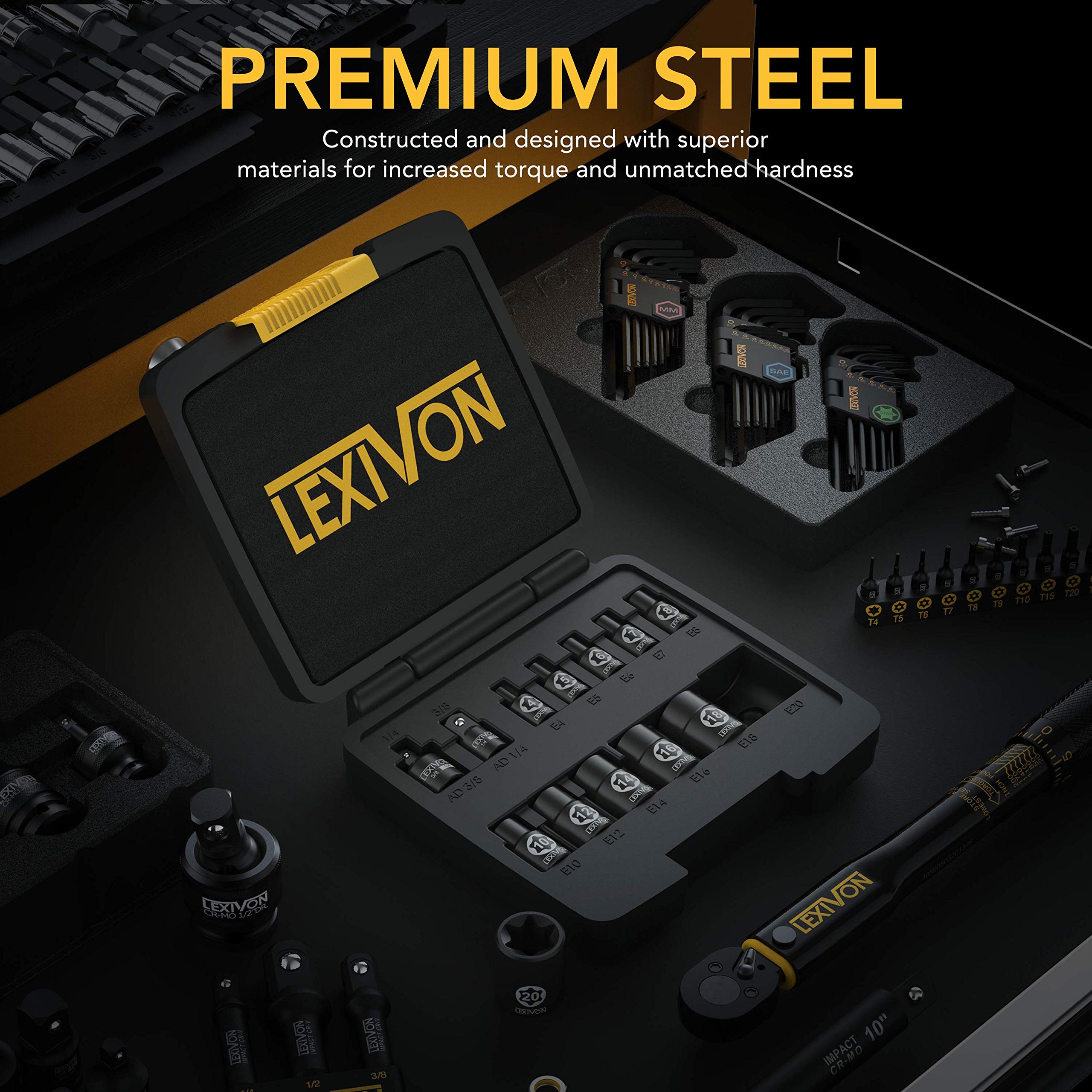 LEXIVON Master Wrench Key Set, 35-Piece Long Arm Ball End Hex Keys | 3-Pack Metric/SAE & Star, Industrial Grade S2 Alloy Steel (LX-131)