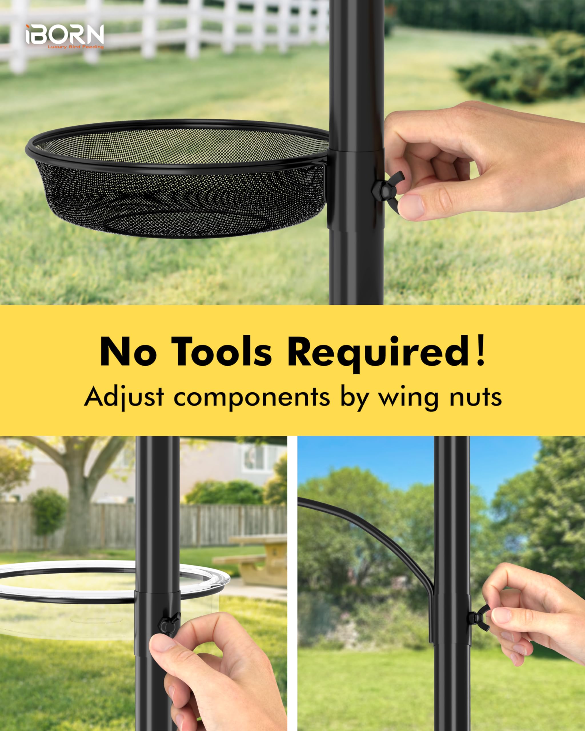 iBorn Bird Feeders Hanging Station Wild Bird Feeding Station Stand Heavy Duty 1 Inch Pole W/Removable Mesh Tray Water Tray, 6-Hooks, 5-Prong Pole