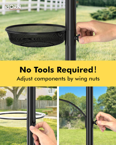 iBorn Bird Feeders Hanging Station Wild Bird Feeding Station Stand Heavy Duty 1 Inch Pole W/Removable Mesh Tray Water Tray, 6-Hooks, 5-Prong Pole