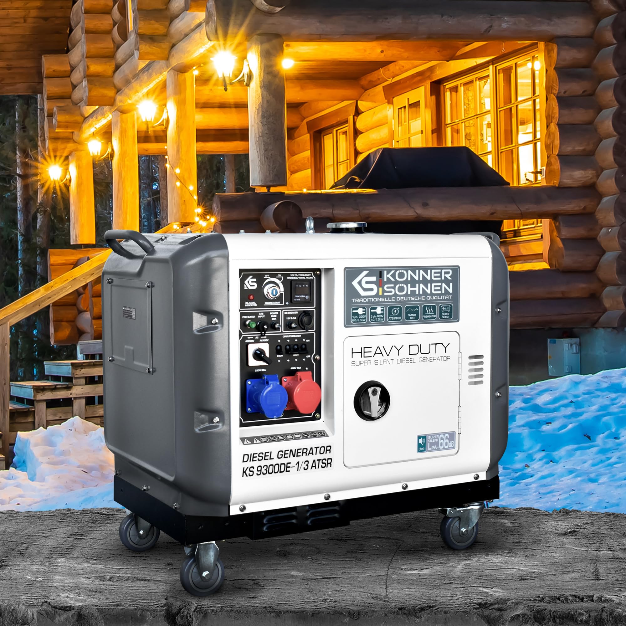 KS 9300DE-1/3 ATSR, diesel emergency generator 7500 W (400 V) / 6500 W (230 V), VTS phase switching system, diesel power generator EURO 5, LED display, air preheater, ATS connection