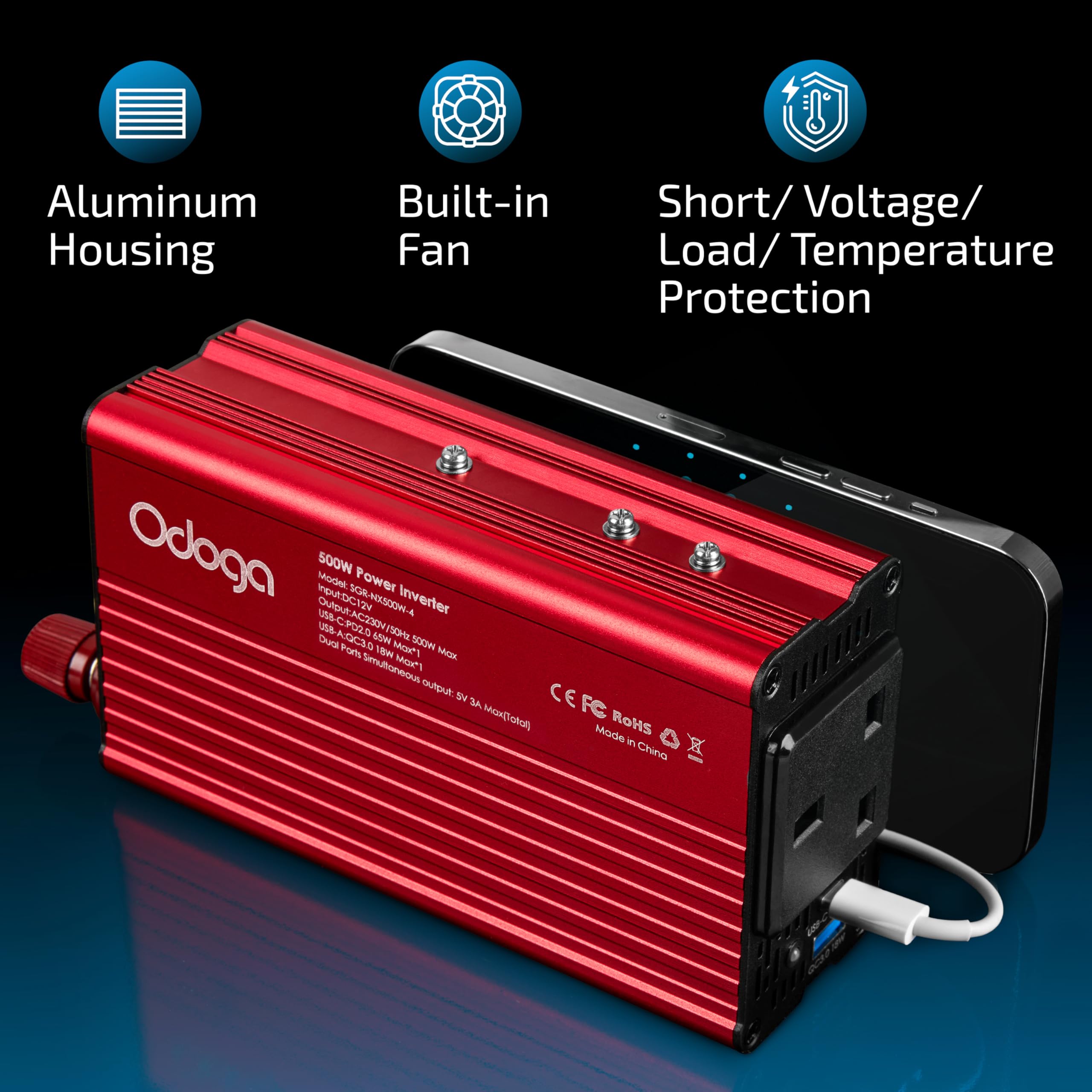 Odoga 300W Car Power Inverter 12V to 240V / 230V Converter, USB-A and USB-C 3A Charging Ports - Charge Your Laptop, iPad, iPhone, Tablet, Consoles & More - Durable and Powerful - Black Aluminum Body