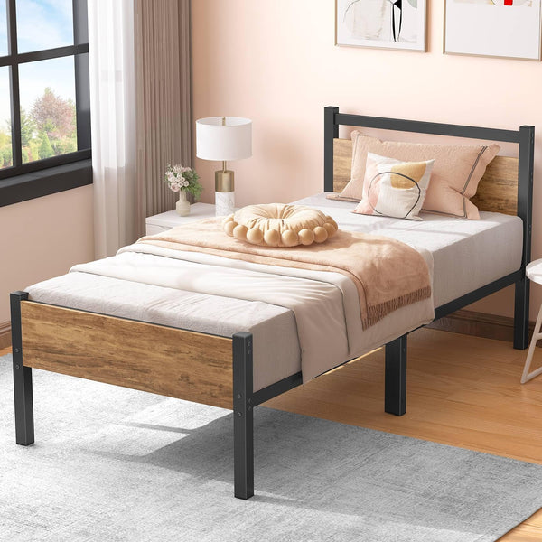 Yornoli Single Bed Frames with Wood Headboard 31.5cm Metal Platform Bed Frame with Storage Sturdy Non-Slip Without Noise No Box Spring Needed Black &
