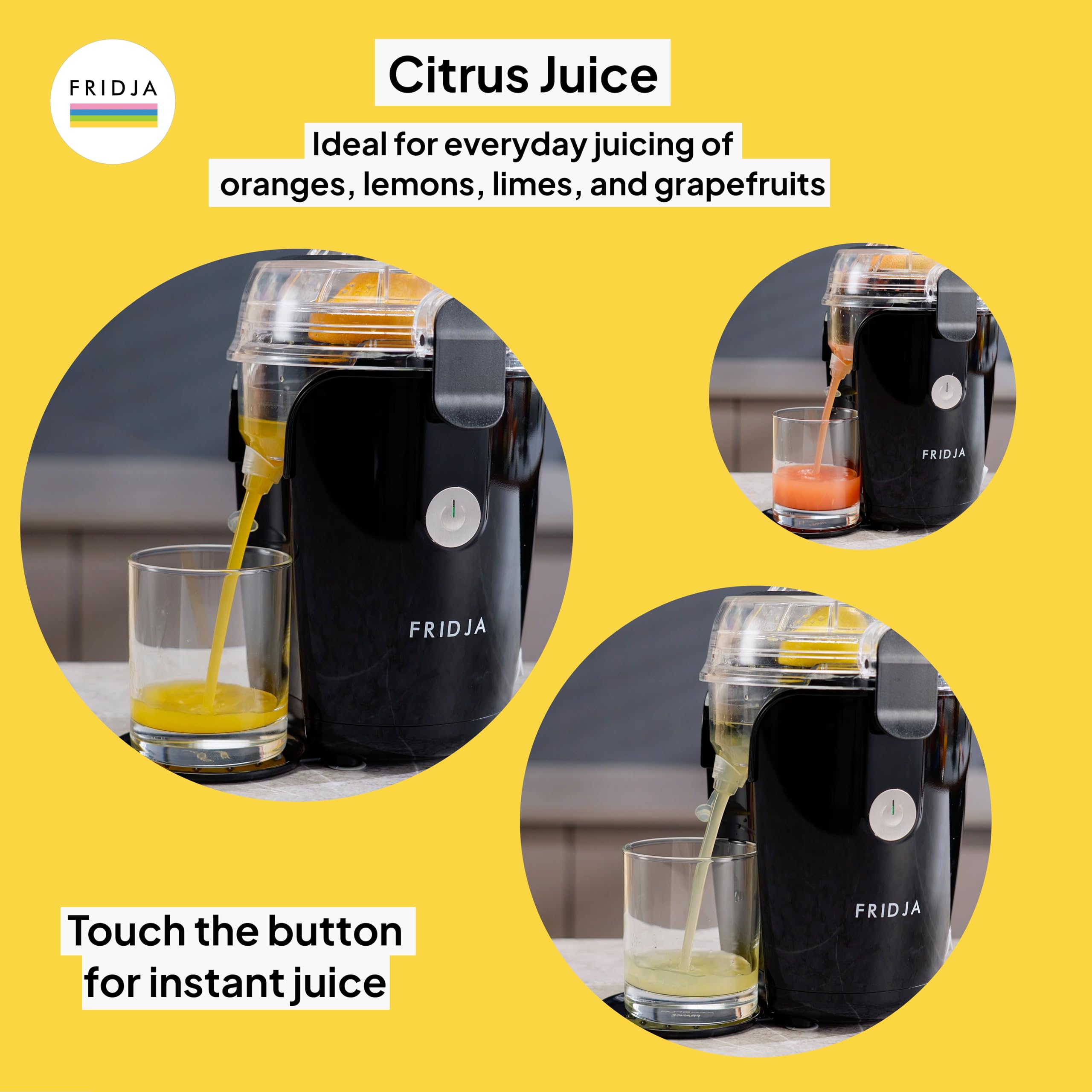 Fridja F800 Automatic Citrus Juicer - One-Touch Operation, No Spills or Splashes, Easy to Clean, Stainless Steel, Black, Ideal for Oranges, Lemons,