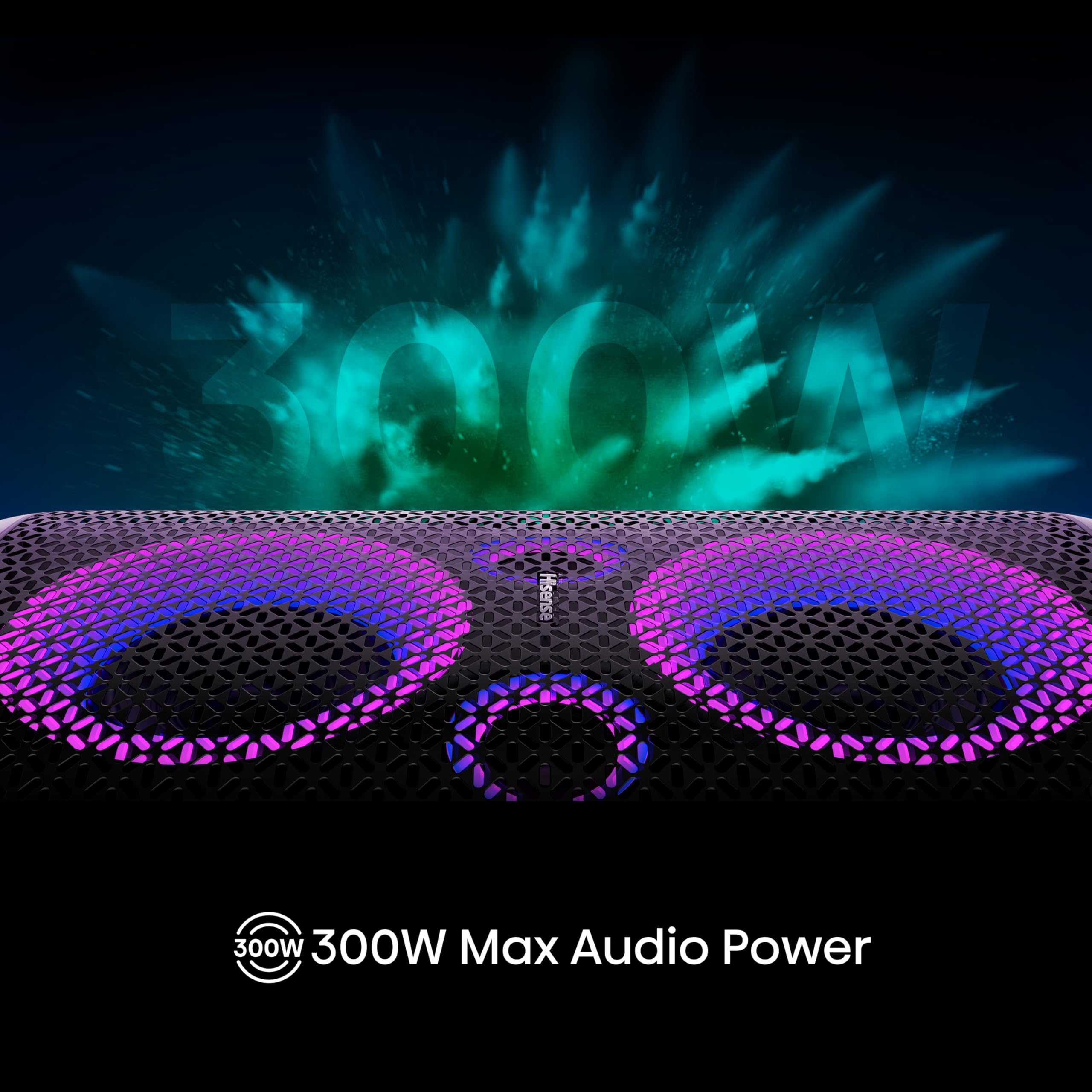 Hisense PARTY STORM, 300W Max Audio Power,15 Hrs long playtime,Karaoke Mode,Lighting effects, Wireless charge the phone, IPX4 Waterproof, Bluetooth 5.0