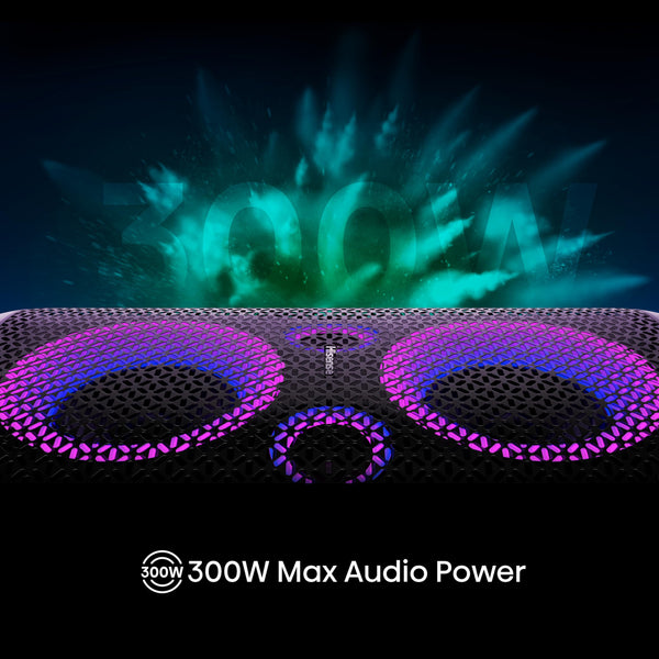 Hisense PARTY STORM, 300W Max Audio Power,15 Hrs long playtime,Karaoke Mode,Lighting effects, Wireless charge the phone, IPX4 Waterproof, Bluetooth 5.0