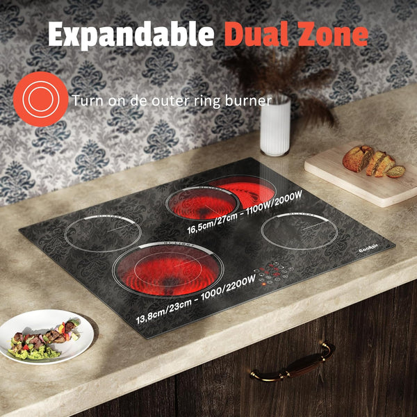 Cooksir Electric Hob 60cm, Ceramic Hob 4 Ring 6700W, Electric Hob 4 Zone with Expandable Dual and Oval Zone, Built-in Hob with Frame, Timer, Safety Lock, 220-240V(No Plug)