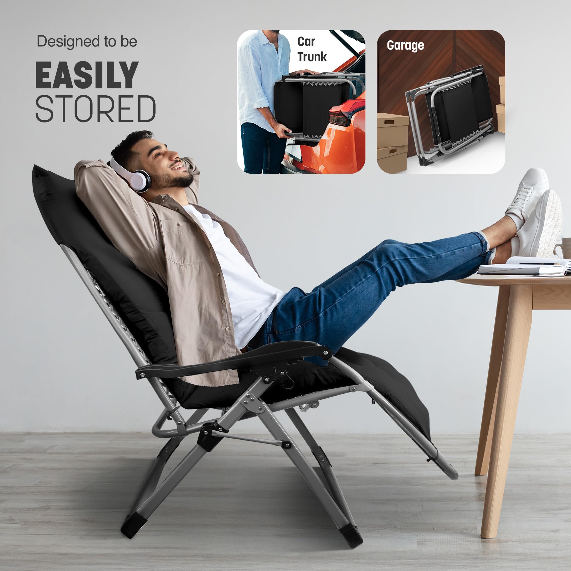 KEPLIN Square Tube Gravity Chair with Cushion – Extra-Wide 72cm Recliner, Adjustable Zero Gravity Lounger, Reinforced Frame, Supports 150kg, Premium Comfort for Indoor & Outdoor Relaxation – Black