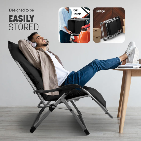 KEPLIN Square Tube Gravity Chair with Cushion – Extra-Wide 72cm Recliner, Adjustable Zero Gravity Lounger, Reinforced Frame, Supports 150kg, Premium Comfort for Indoor & Outdoor Relaxation – Black