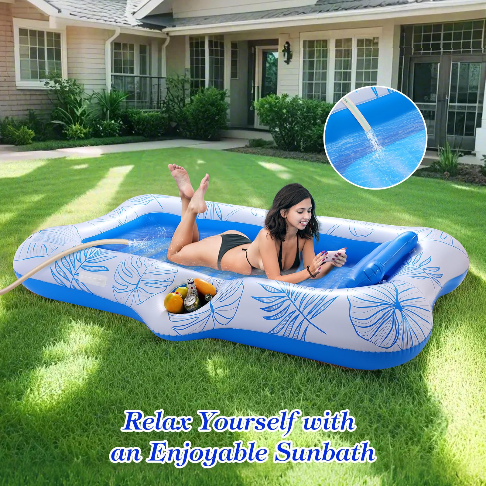MoKo Pool Floats Adult, Floating Bed with Ice Bar, Tanning Bed Pool Raft Inflatable Lounger with Drink Holder Tanning Chair Inflatable Pool Toys for Party Beach Backyard