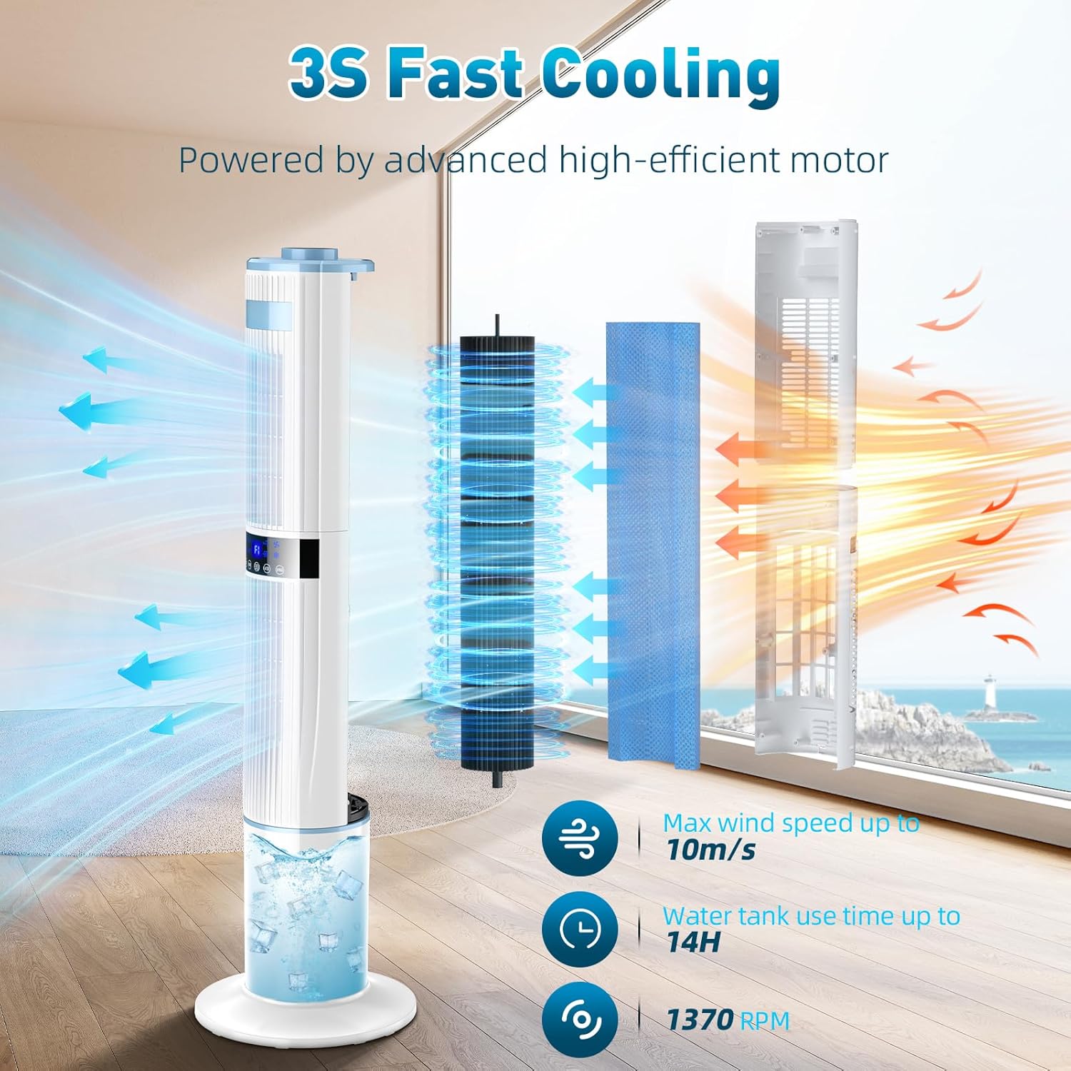 Bidiowe Mobile Air Conditioners, 9.5L AC Unit Tank 60W Evaporative Air Cooler Automatic Light Off 60°/120° Oscillation 3 Modes 7H Timer Remote Control 3 Ice Box Quiet Cooling Fan for Home, Office