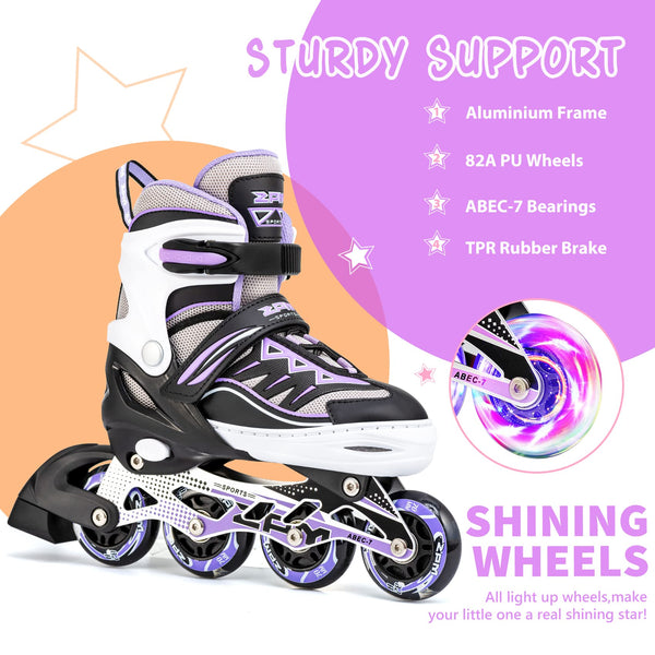 2pm Sports Adjustable Light up Inline Skates, Stylish Design Beginner Roller Skates for Boys and Girls - Purple Medium