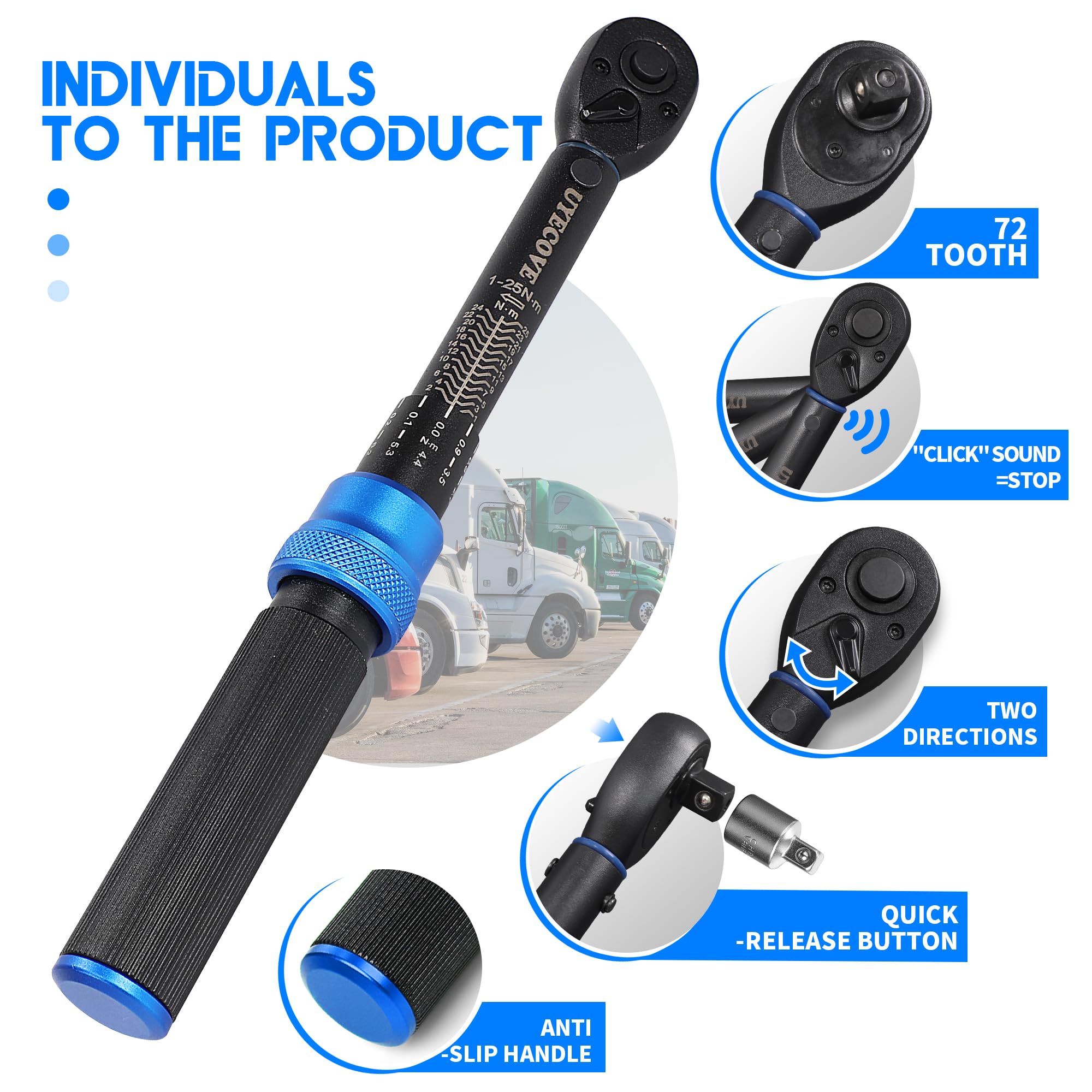 Torque Wrench Set 1/4 5-25Nm, 3/8 20-120Nm, 1/2 40-220Nm, 72 Tooth Dual-Direction Reversible Click Torque Wrenches for Bike Motorcycle, Car, Truck