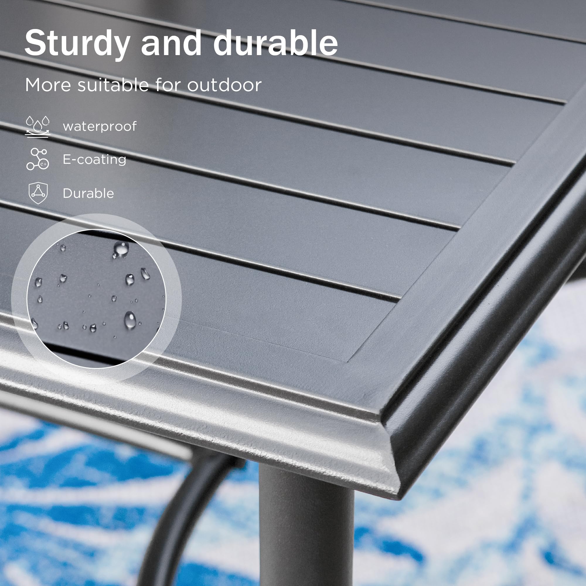 PHIVILLA Garden Table for 6 Person 150 * 90cm Patio Outdoor Table Rust Proof Steel Frame with 4 cm Parasol Hole Outdoor Furniture Garden Dining Table Maintenance Free Black