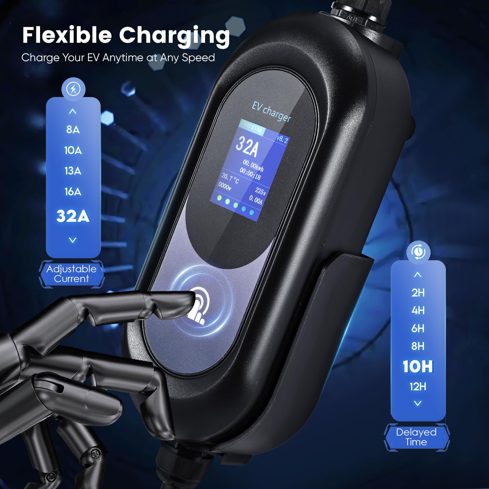 EVJUICION EV Charger Type 2 to 3 Pin 6M, 6/8/10/13A Adjustable, 12 Hours Delay Timer, Touch Control, IP67 Waterproof, 3.3kW Electric Car Charger, EV Charger Cable Type 2 to 3 Pin Plug with Cable Bag