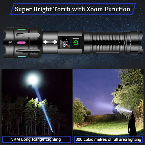 Torches LED Super Bright 1000000 Lumen, Rechargeable Torch with LCD Power Display and Zoomable, High Powered LED Torch 5 Light Modes, Powerful Tactical Torches for Camping, Dog Walking