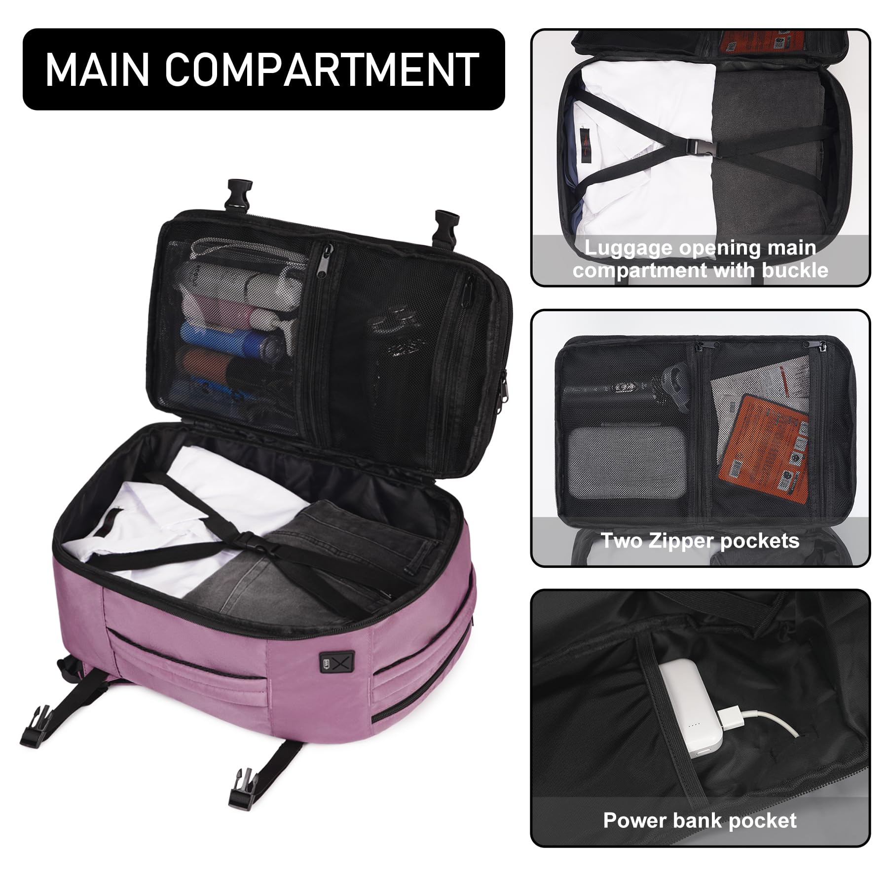 ECOHUB Easyjet Cabin Bag 45x36x20 Underseat Backpack Travel Rucksack 13 Pocket Hand Luggage Waterproof Recycled PET Eco Friendly Carry On Bag for Women & Men 30L Pink