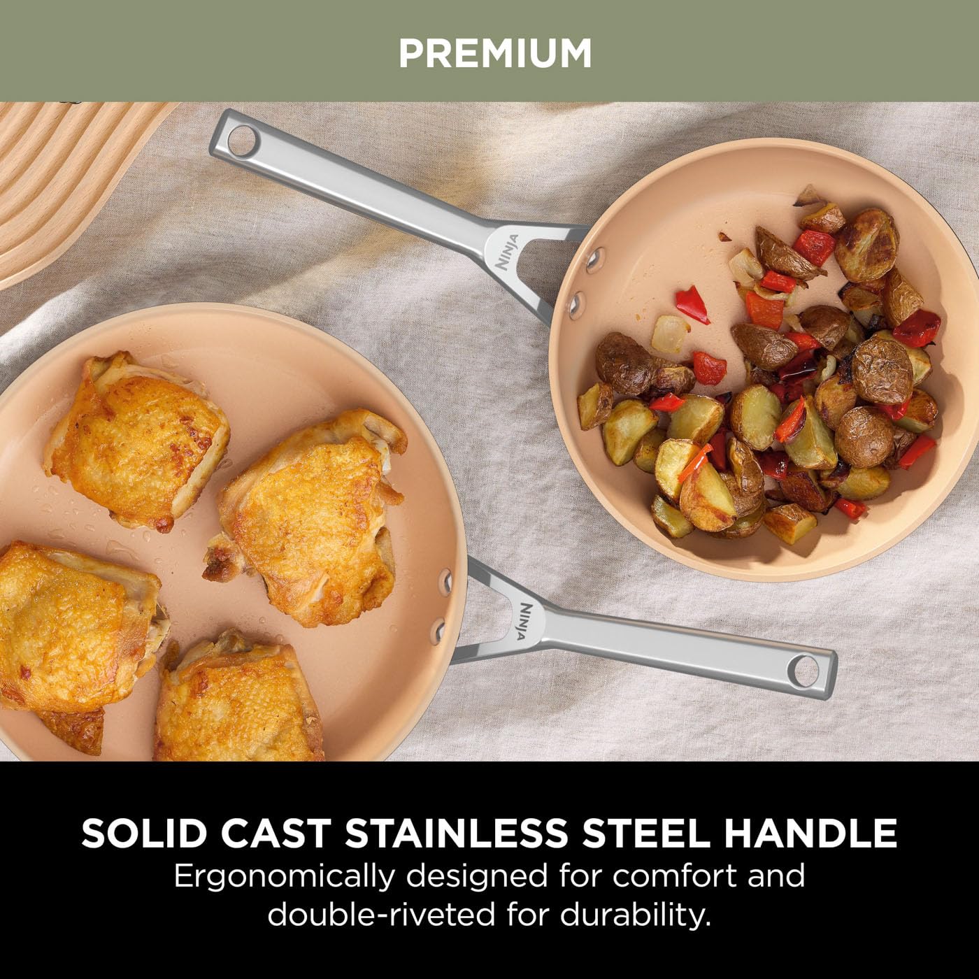 Ninja Extended Life 28cm Ceramic Frying Pan, Non-Stick (No PFAs, PFOAs, Lead or Cadmium), Induction Compatible, Stainless Steel Handle, Oven Safe to 285°C, Grey & Terracotta, CW90028EUUKDB