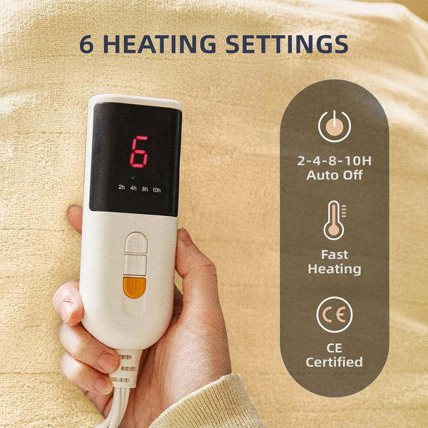 JET'S HOME Electric Blanket 130x160cm - Heated Blanket 6 Heat Settings Digital Controller Adjustable Timer up to 10 Hours - Heated Throw Machine