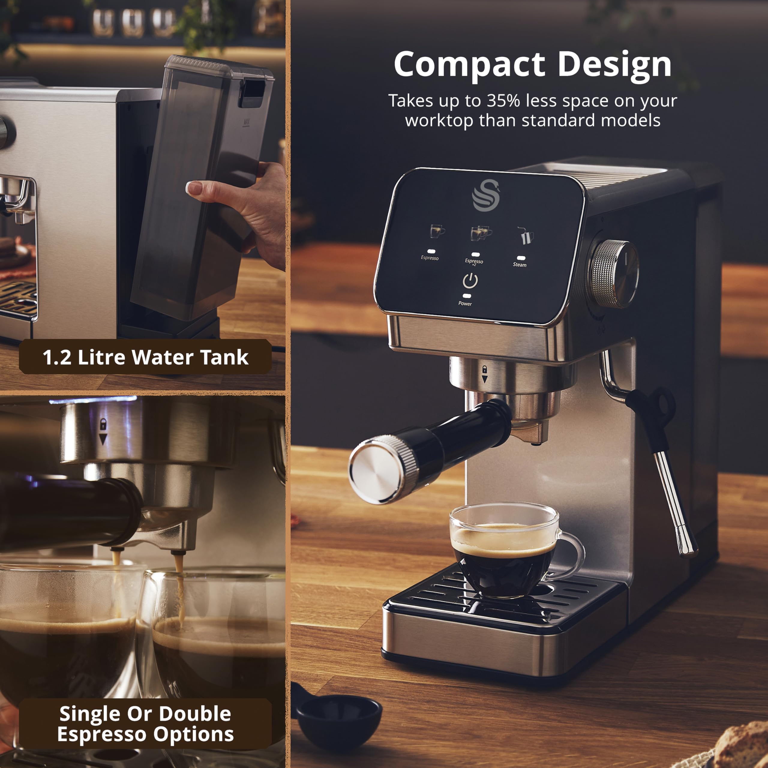 Swan SK22154 Pump Espresso Digital Coffee Machine, Digital Touch Controls with 8 Pre-Sets, 20 Bar Pressure, Built-in Automatic Milk Frother with 500ml Tank, Black