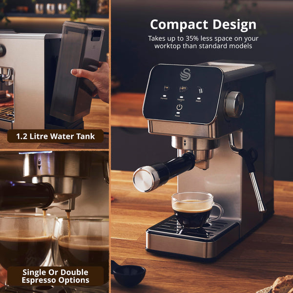 Swan SK22154 Pump Espresso Digital Coffee Machine, Digital Touch Controls with 8 Pre-Sets, 20 Bar Pressure, Built-in Automatic Milk Frother with 500ml Tank, Black