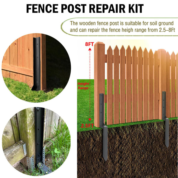 Fence Post Repair Spike - 2 Pack Heavy Duty Fence Post Support Ground Spike for Tilted or Broken Wooden Fence Posts, Durable Garden Fencing Solution