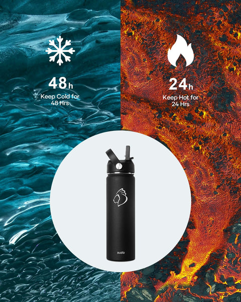 Stainless Steel Water Bottle 2L, BUZIO Vacuum Insulated Water Bottle with Straw Lid and Flex Cap Cold for 48 Hrs, Hot for 24 Hrs Double Wall Wide Mouth BPA Free Leak Proof, Black