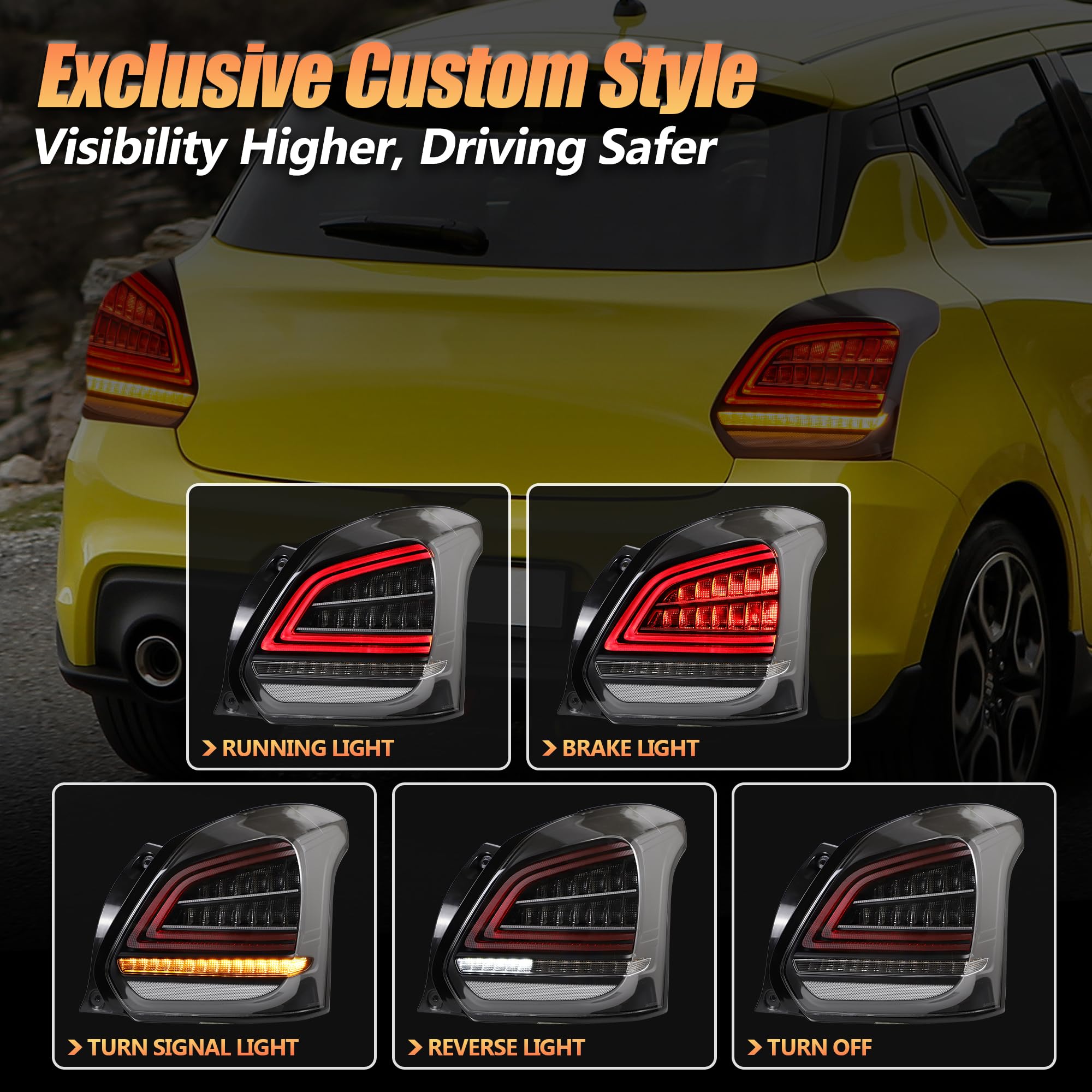 VLAND LED Rear Lights compatible with Swift 2017-2021, w/Amber Sequential Indicator, Passenger & Driver Sides - Clear