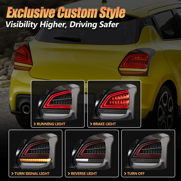 VLAND LED Rear Lights compatible with Swift 2017-2021, w/Amber Sequential Indicator, Passenger & Driver Sides - Clear