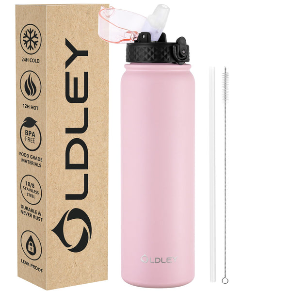 OLDLEY Stainless Steel Water Bottle with Straw 1L Vaccum Insulated Large Drink Flask Metal Water Bottles 1 Litre Leakproof Keep Drinks Hot Cold for Sports Gym with Different Lids(Purple Green, 3 Lids)