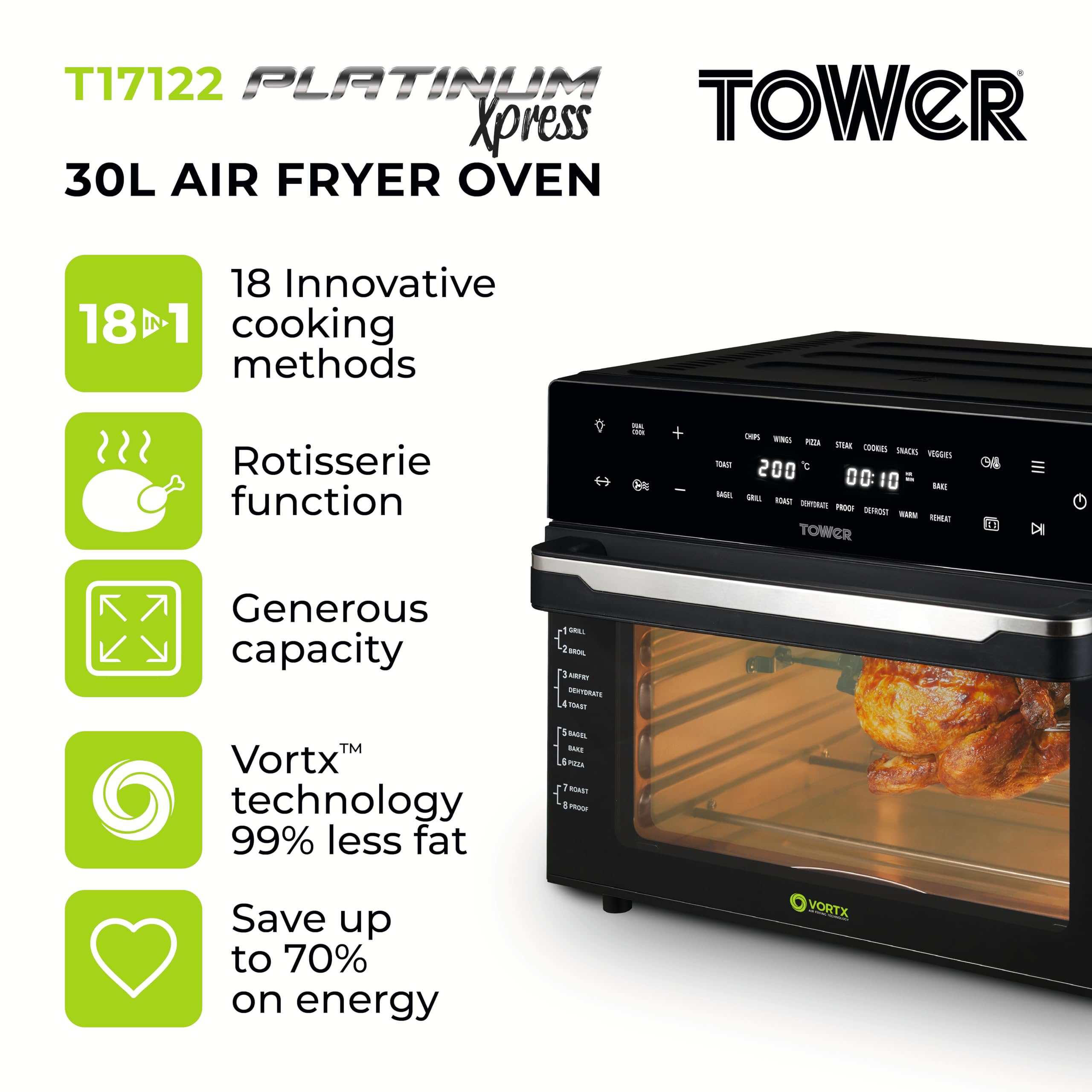 Tower T17122 Vortx Platinum Xpress Digital 30L Air Fryer Oven with Vizion Viewing Window, 18 Cooking Options, 2 Hour Timer, 1800W, Black