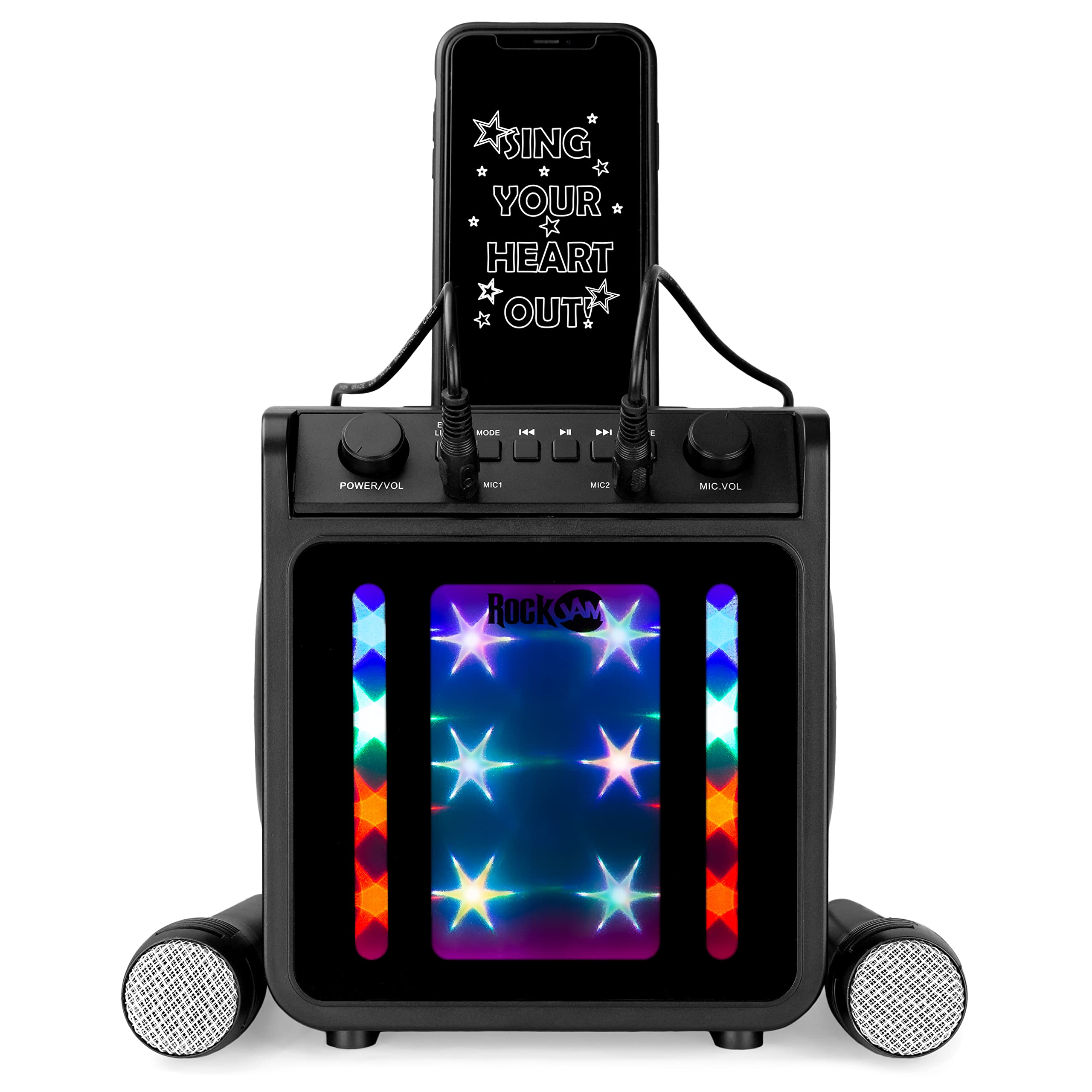 RockJam 10-Watt Rechargeable Bluetooth Karaoke Machine with Two Mics, Lightshow & Voice Effects