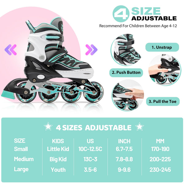 2pm Sports Adjustable Inline Skates, Stylish Design Beginner Roller Skates for Boys and Girls