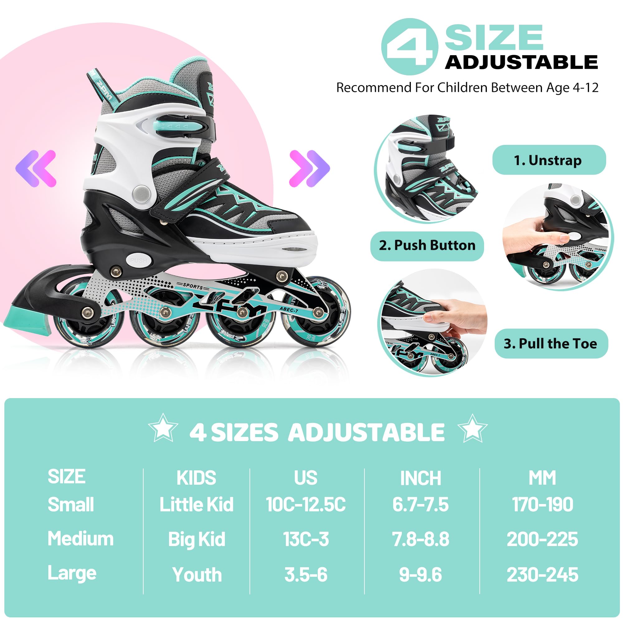 2pm Sports Adjustable Inline Skates, Stylish Design Beginner Roller Skates for Boys and Girls