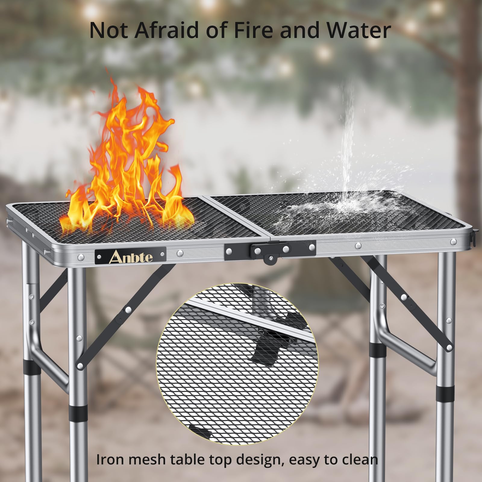 Anbte Folding Grill Table, 3 Adjustable Heights Aluminum Camping Table Heat Resistant with Mesh Desktop, Lightweight, Portable handle for Outdoor