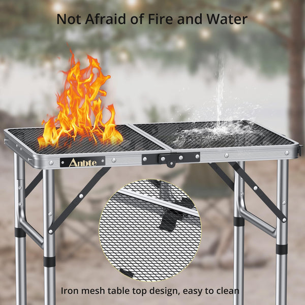 Anbte Folding Grill Table, 3 Adjustable Heights Aluminum Camping Table Heat Resistant with Mesh Desktop, Lightweight, Portable handle for Outdoor