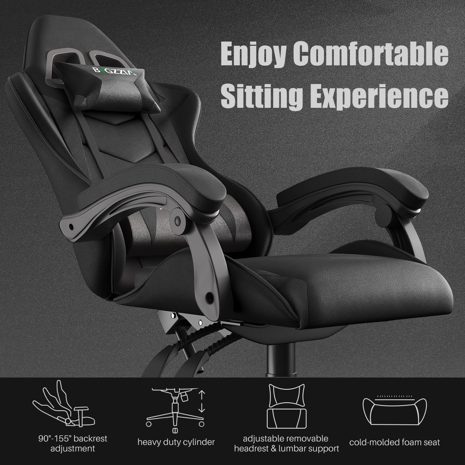 bigzzia Ergonomic Gaming Chair - Gamer Chairs with Lumbar Cushion + Headrest, Height-Adjustable Office & Computer Chair for Adults (without footrest, White)