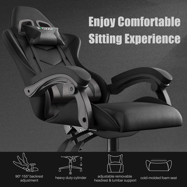 bigzzia Ergonomic Gaming Chair - Gamer Chairs with Lumbar Cushion + Headrest, Height-Adjustable Office & Computer Chair for Adults (without footrest, White)