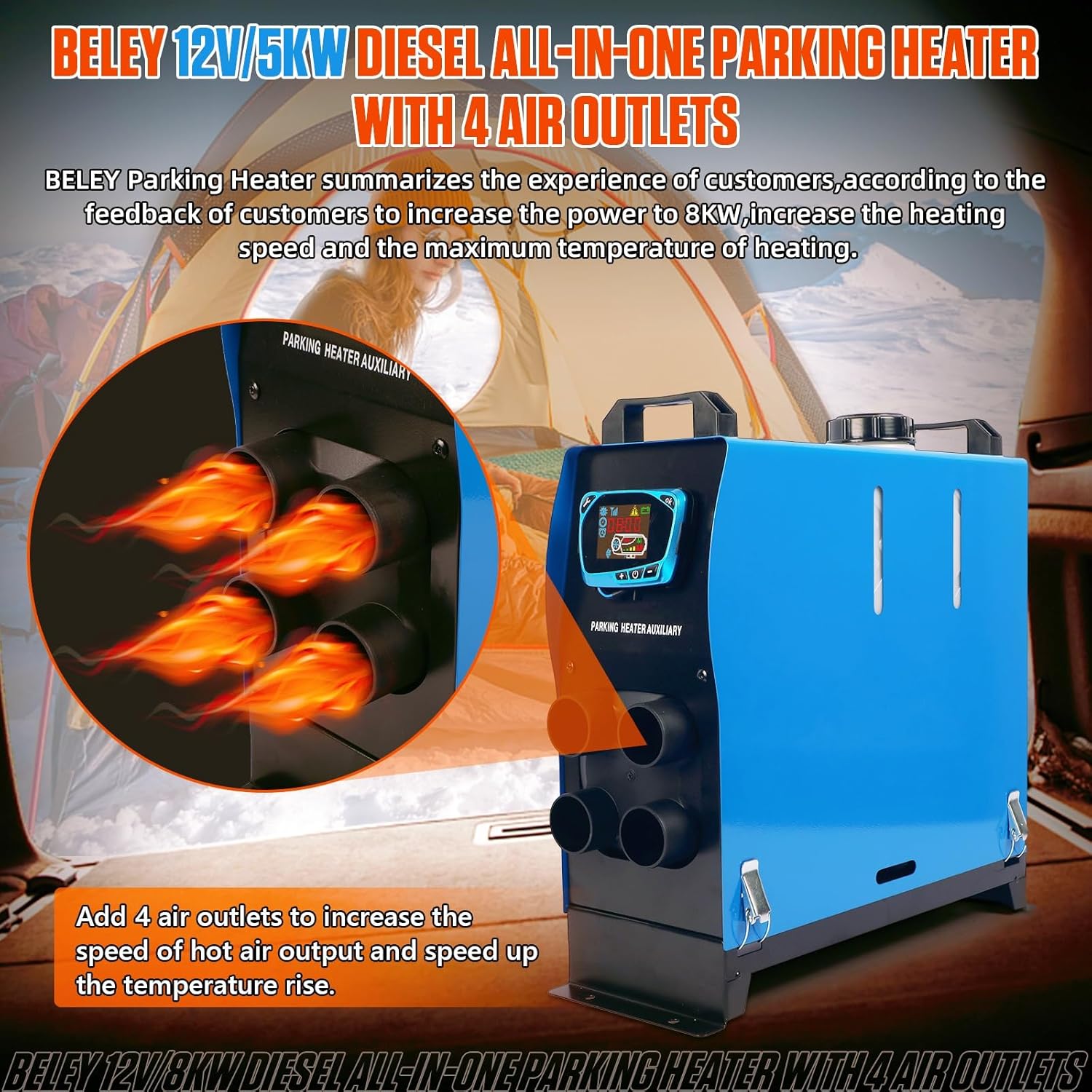 12V 5KW Diesel Air Heater Portable and Convenient Integrated Parking Heater Heating All-in-one 4 Hole with Remote Control and LCD Monitor for Car Trucks Bus RV and Trailer with Adapter