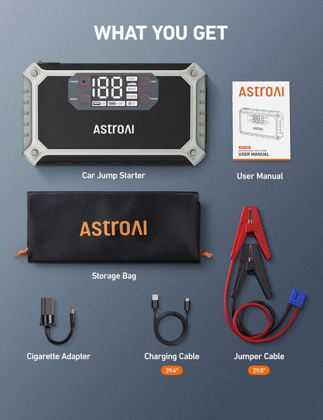 AstroAI 2000A Car Battery Booster Jump Starter Power Pack 18000mAh Power Bank (12V DC and QC3.0 Output) for 7.0L Petrol/3.0L Diesel Engines, with LCD Screen, LED Torch, Cigarette adaptor