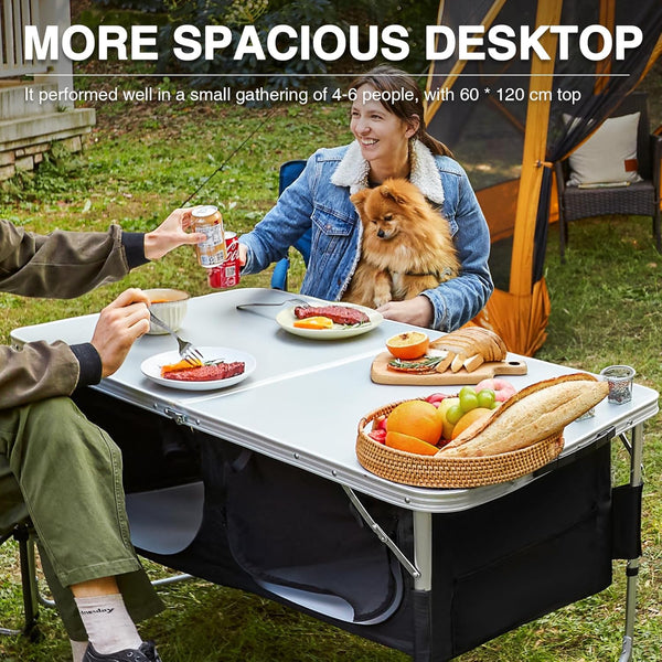 EVER ADVANCED Folding Table Camping 4ft with Storage, Aluminum Composite Desktop, Foldable Table with Adjustable Legs, Fold up Table Picnic Outdoor Fold away Table