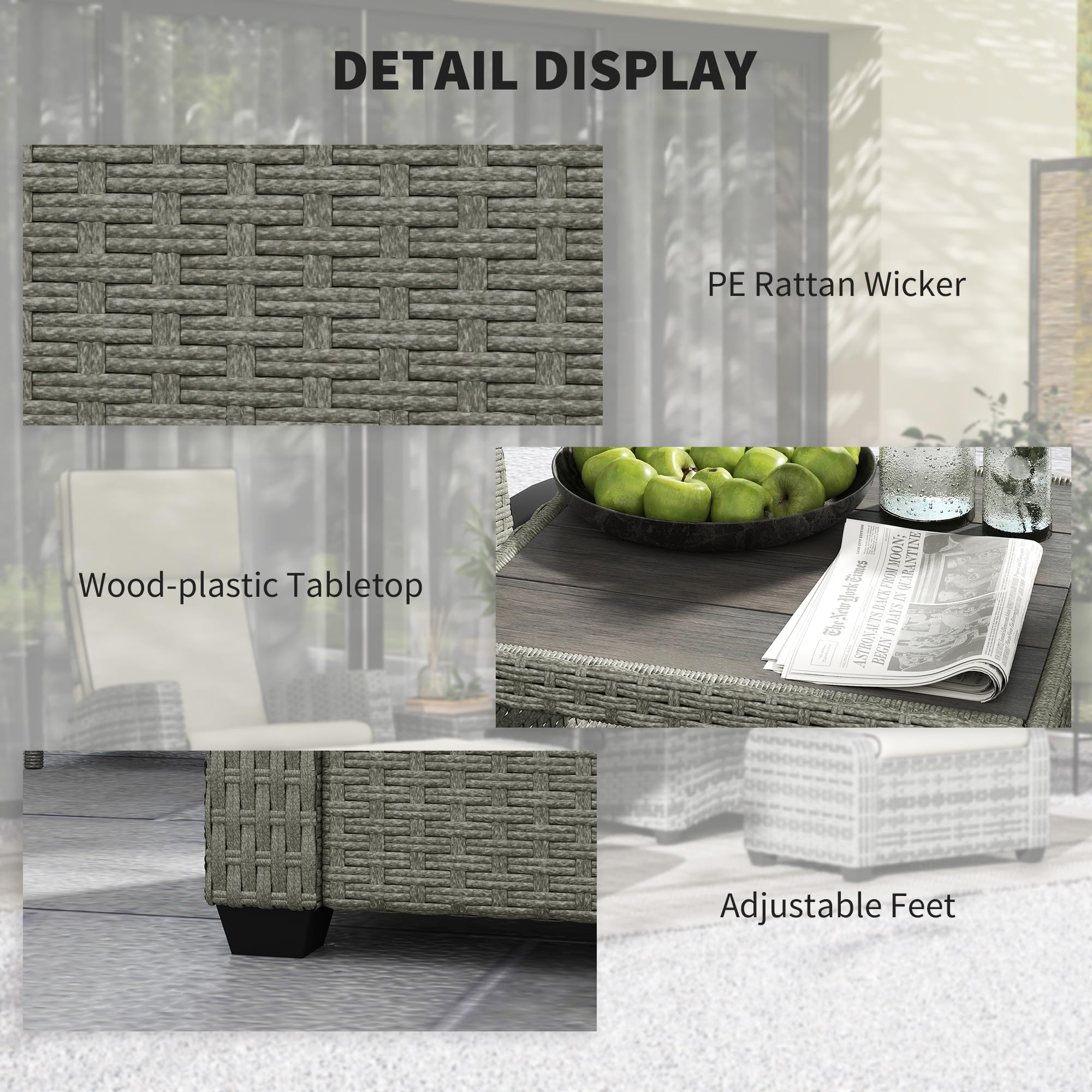 Outsunny 5 Piece Rattan Garden Furniture Set, Garden Reclining Rattan Chairs Set of 2 with Wood-Plastic Composite Table, Footstools and Thick Cushions for Balcony, Patio, Charcoal Grey