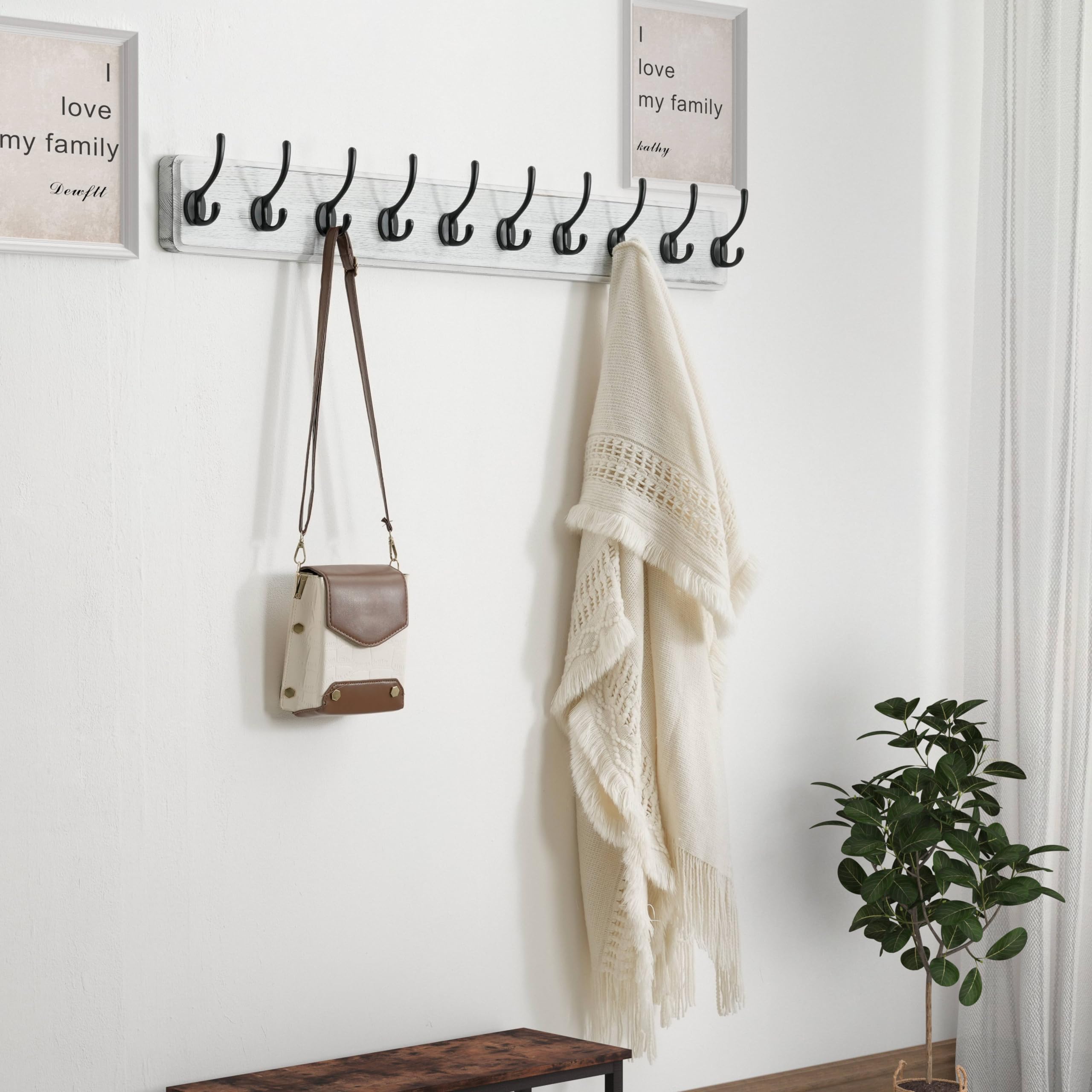 Dseap Coat Rack Wall: 97cm Long, Patented, Heavy-Duty, 10-Double-Hooks Wooden Wall Mounted Coat Rack Coat Hanger Hook Rail for Winter Coats Hat Jacket