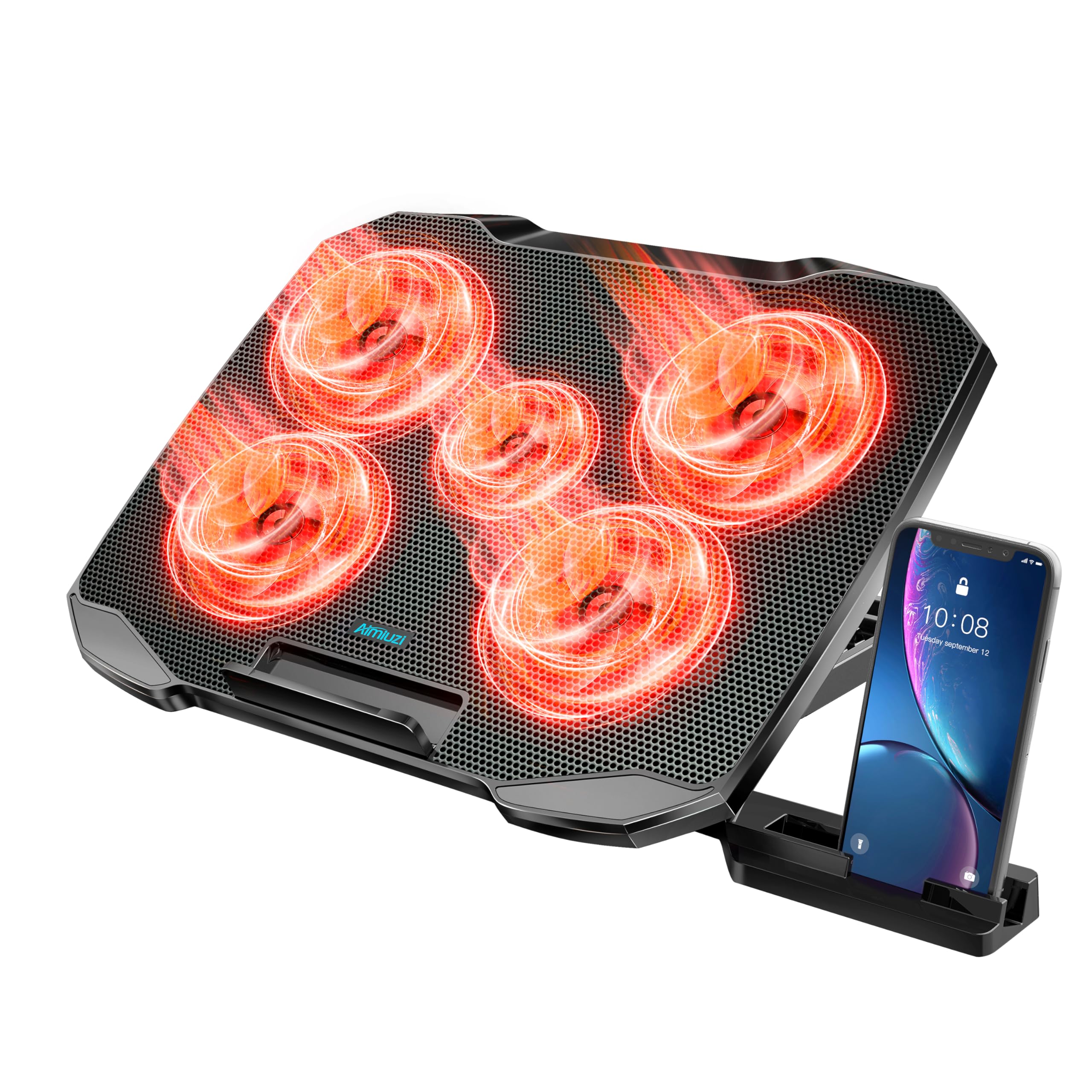 AIMIUZI Laptop Cooling Pad, Laptop Cooler for 12-15.6 Inch Notebooks, Laptop Cooling Stand with 5 Quiet Fans, 5 Height Adjustable, 2 USB Ports, Phone Stand (Black)