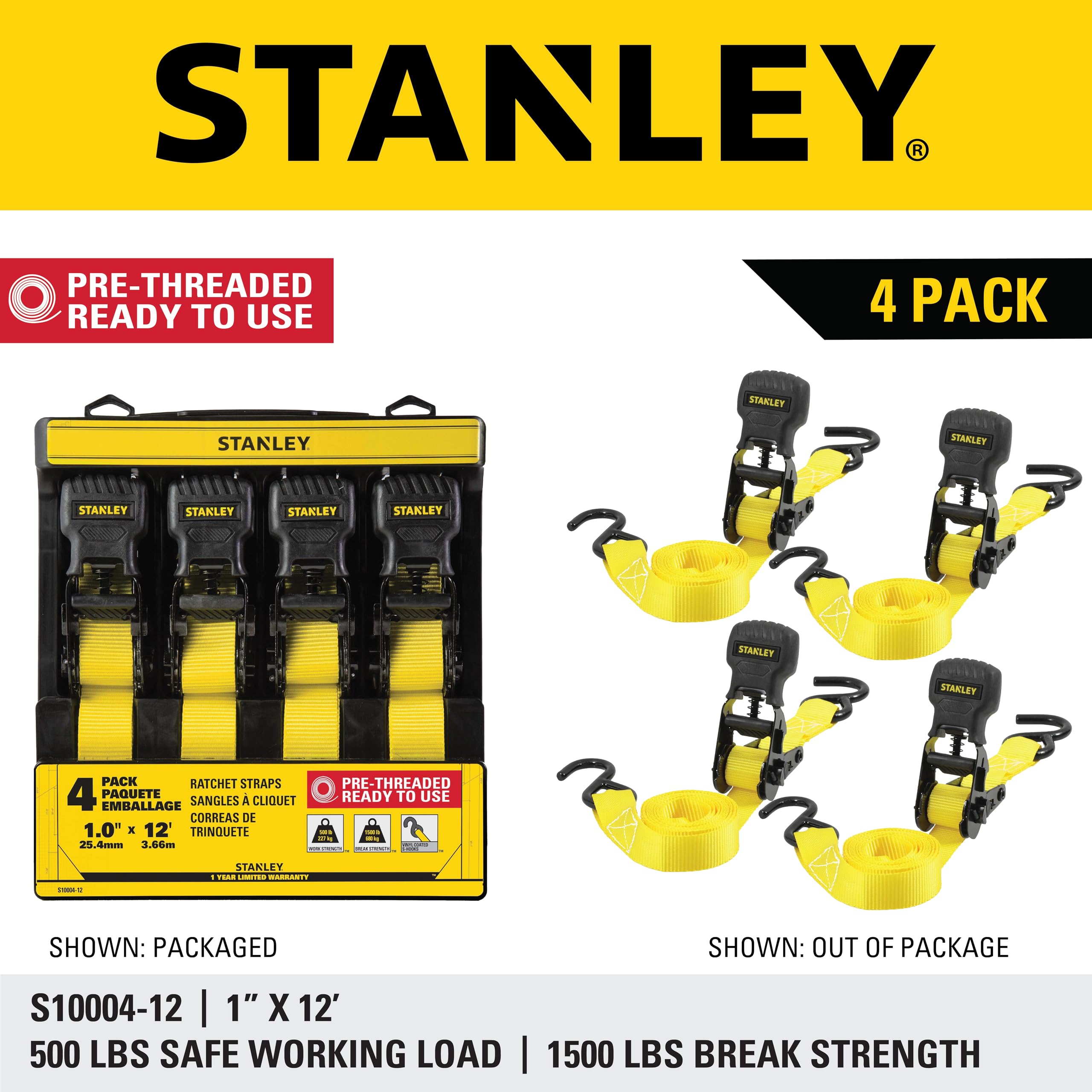STANLEY S1007 Black/Yellow 1.5" x 16' Ratchet Tie Down Straps - 1,100 lb Safe Working Load / 3,300 lb Break Strength, 2 Pack