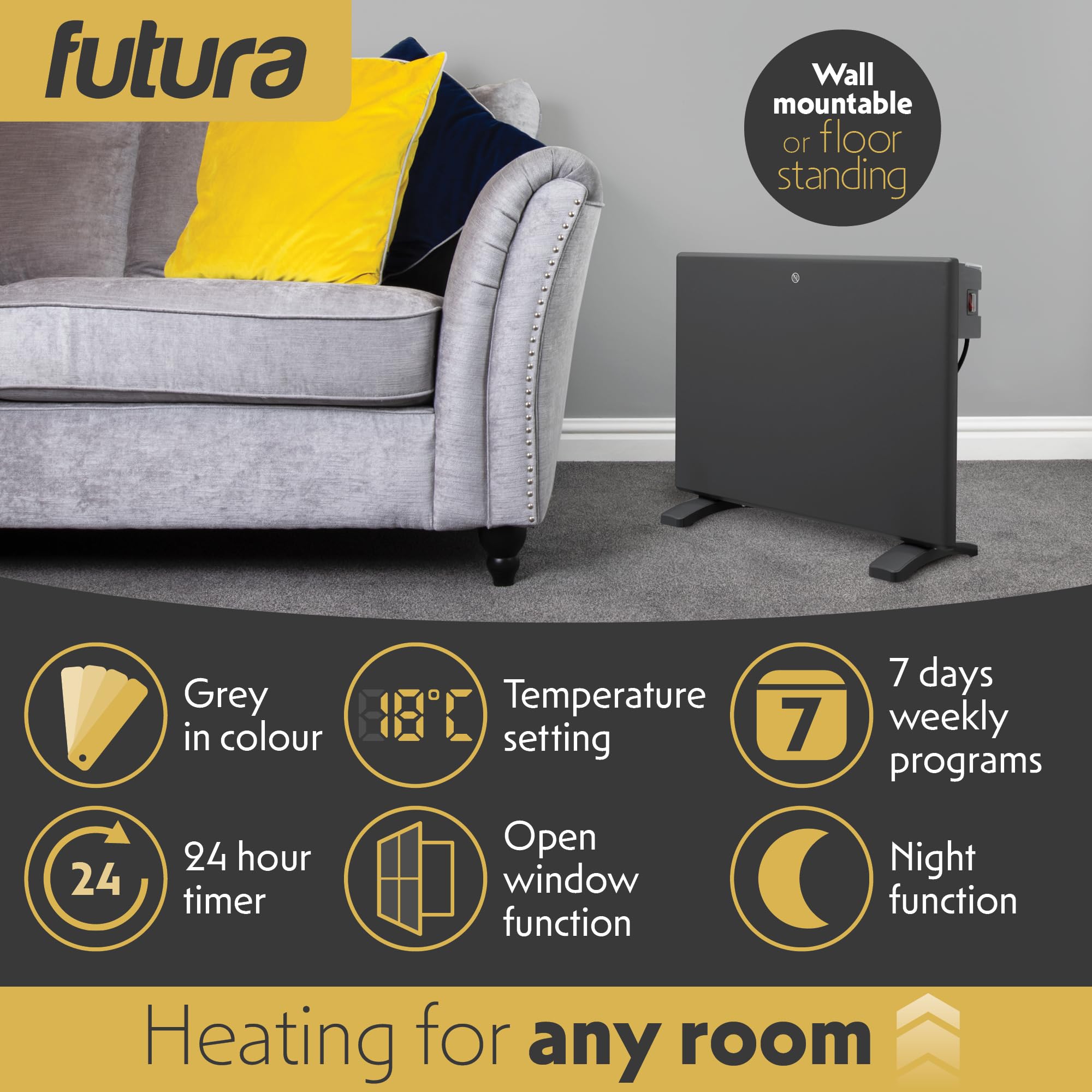 Futura 2000W Grey Electric Radiator Heaters for Home, Bathroom Safe Electric Heater Setback Timer Lot 20 & Advanced Thermostat Control Wall Mounted or Floor Standing Low Energy Panel Heater