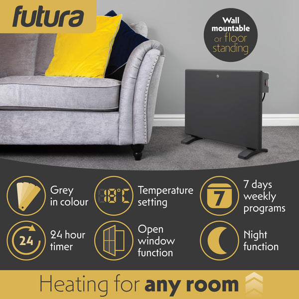 Futura 2000W Grey Electric Radiator Heaters for Home, Bathroom Safe Electric Heater Setback Timer Lot 20 & Advanced Thermostat Control Wall Mounted or Floor Standing Low Energy Panel Heater