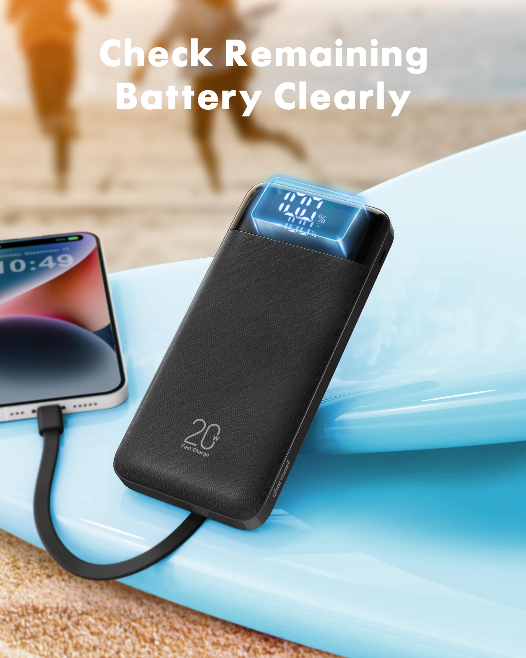 Charmast Power Bank 20000mAh with built-in Cables,Fast Charging 20W PD QC Quick Charge Portable Charger USB C compatiable with Smartphones Tablets and More