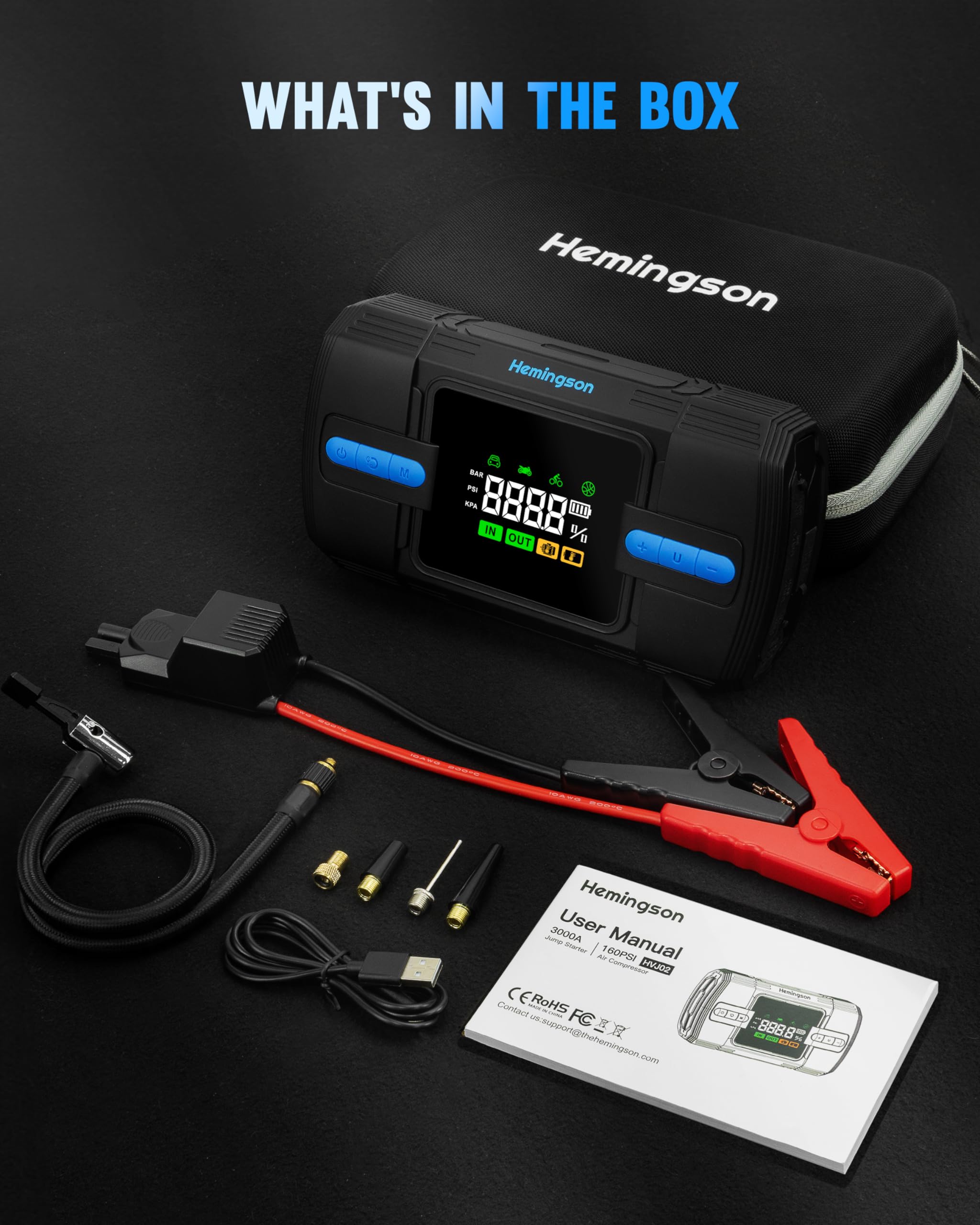 Jump Starter Power Pack with Air Compressor, 3000A Peak 160 PSI12V Car Jump Starter for up to 9.0L Gas/8.0L Diesel, Portable Battery Jump Starter Large LCD Display with LED Lights