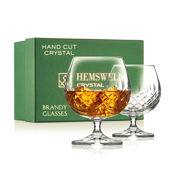 Hemswell Crystal Brandy Glasses Set of 2 - Cut European Crystal Cognac Glasses with Satin Lined Box 250ml - Scotch Port Snifter Goblet - Brandy Gift