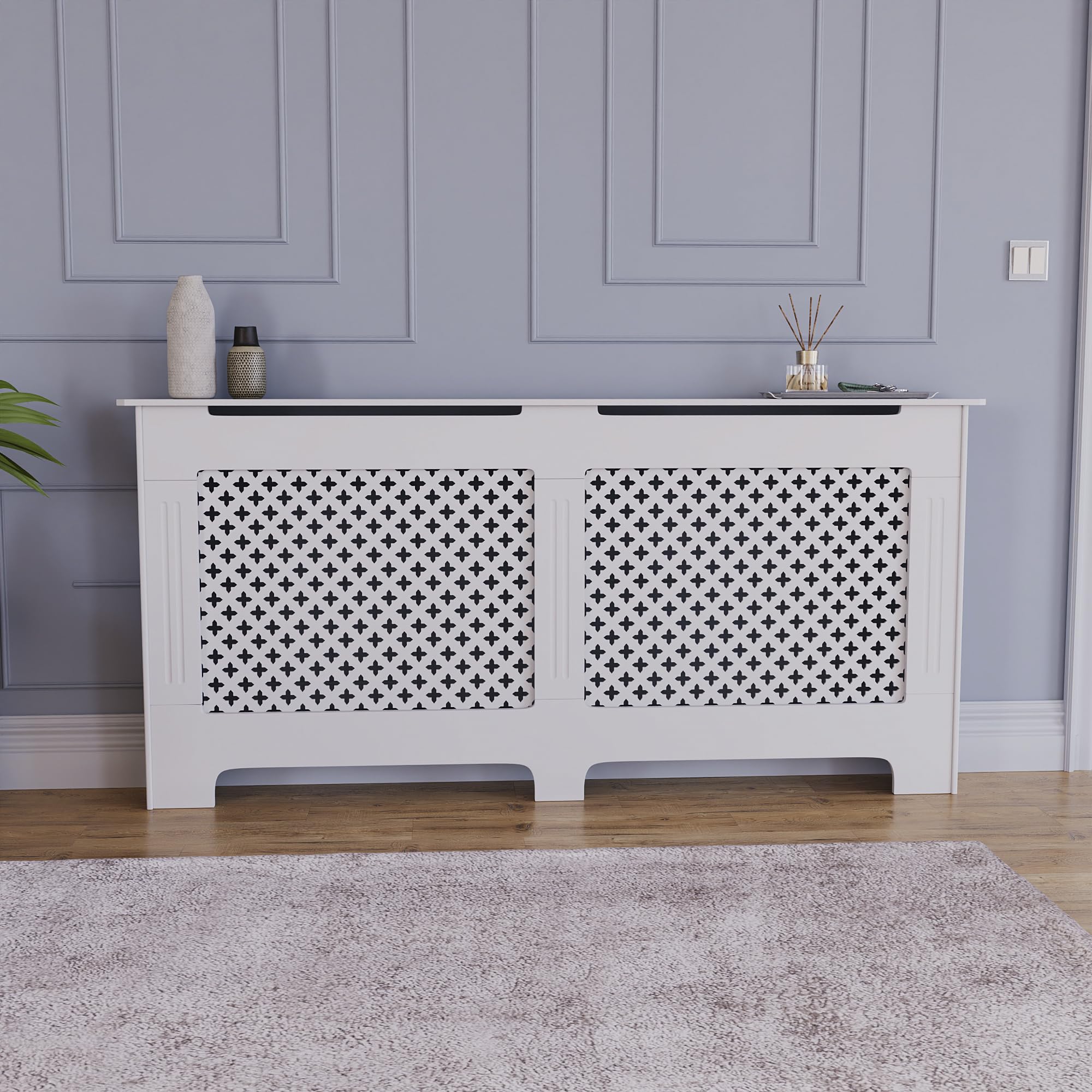 Vida Designs Oxford Radiator Cover – Traditional Cross Pattern, Olive Grey, MDF, Modern Painted Finish, Heat Efficient, Small, (H 82 x W 78 x D 19 cm)